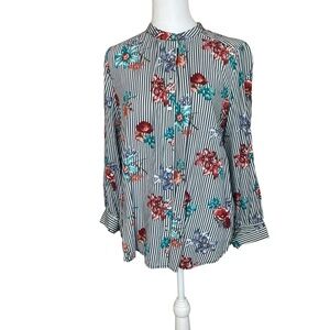Loft Outlet Floral Blouse Button Down Shirt Size LP Stripes Collar Petite Office